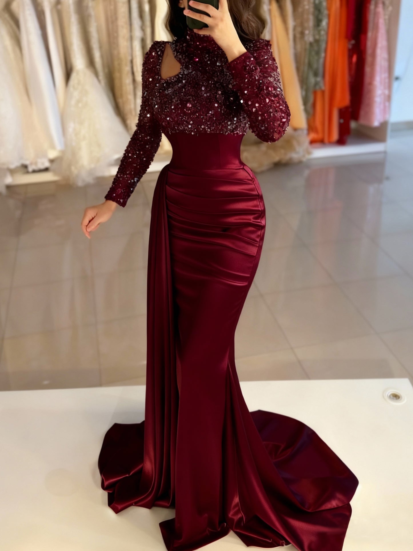 Mermaid Evening Gown Sequin Elegant Dress Formal Sweep / Brush Train Long Sleeve High Neck Satin with Pearls Masquerade Dress