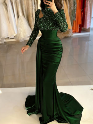 Mermaid Evening Gown Sequin Elegant Dress Formal Sweep / Brush Train Long Sleeve High Neck Satin with Pearls Masquerade Dress
