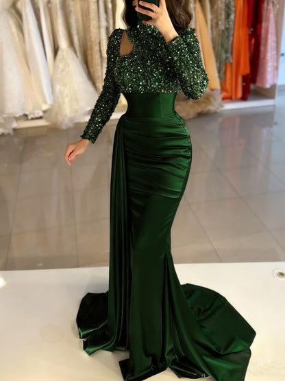 Mermaid Evening Gown Sequin Elegant Dress Formal Sweep / Brush Train Long Sleeve High Neck Satin with Pearls Masquerade Dress