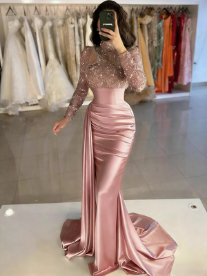 Mermaid Evening Gown Sequin Elegant Dress Formal Sweep / Brush Train Long Sleeve High Neck Satin with Pearls Masquerade Dress