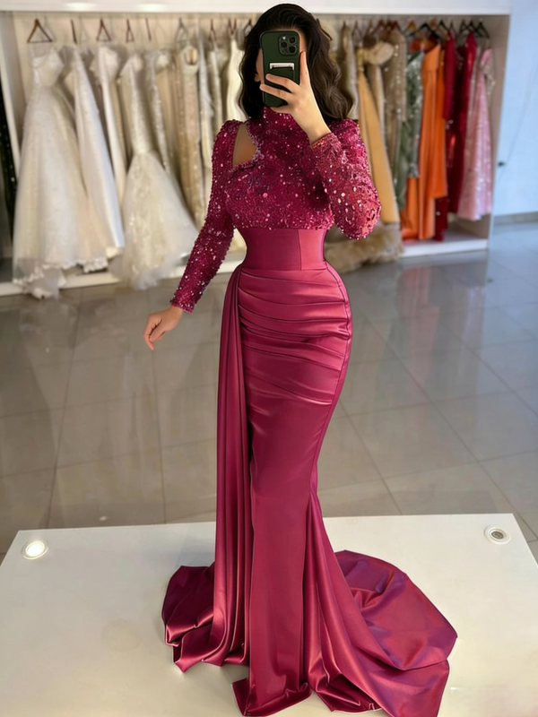 Mermaid Evening Gown Sequin Elegant Dress Formal Sweep / Brush Train Long Sleeve High Neck Satin with Pearls Masquerade Dress