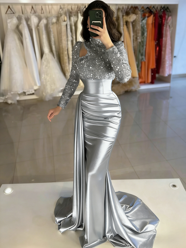 Mermaid Evening Gown Sequin Elegant Dress Formal Sweep / Brush Train Long Sleeve High Neck Satin with Pearls Masquerade Dress