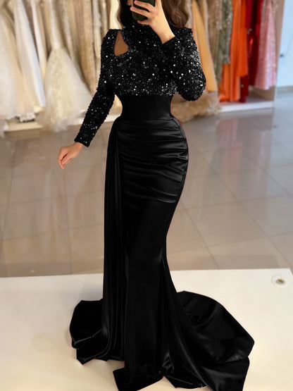 Mermaid Evening Gown Sequin Elegant Dress Formal Sweep / Brush Train Long Sleeve High Neck Satin with Pearls Masquerade Dress