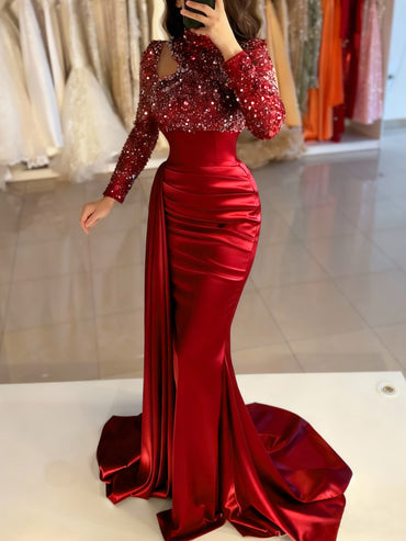 Mermaid Evening Gown Sequin Elegant Dress Formal Sweep / Brush Train Long Sleeve High Neck Satin with Pearls Masquerade Dress