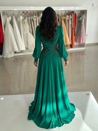 A Line Elegant Evening Dress V Neck Long Sleeves Floor Length Formal Elegant Dress with Embroidery