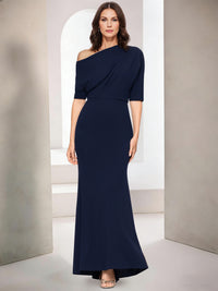 Sheath/Column Elegant Mother Of The Bride Dress One-Shoulder With Ruffle Short Sleeves Floor-Length Wedding Guest Dresses