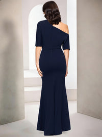 Sheath/Column Elegant Mother Of The Bride Dress One-Shoulder With Ruffle Short Sleeves Floor-Length Wedding Guest Dresses