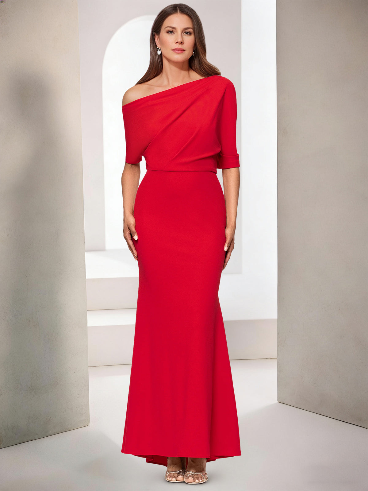 Sheath/Column Elegant Mother Of The Bride Dress One-Shoulder With Ruffle Short Sleeves Floor-Length Wedding Guest Dresses