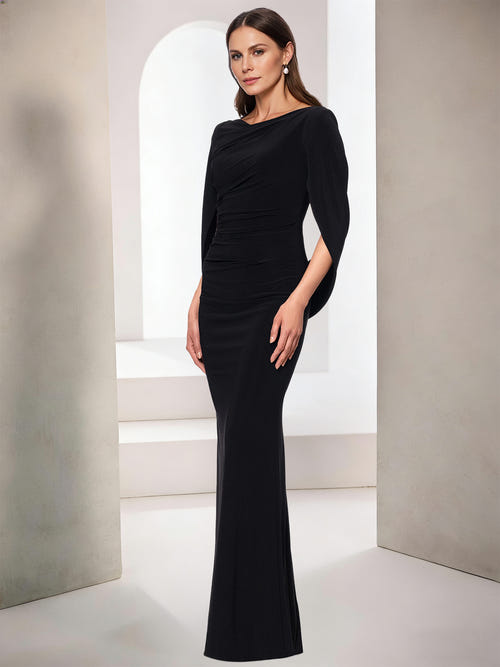 Sheath/Column Elegant Mother Of The Bride Dress Scoop Neck Short Sleeves Floor-Length Wedding Guest Dresses Formal Evening