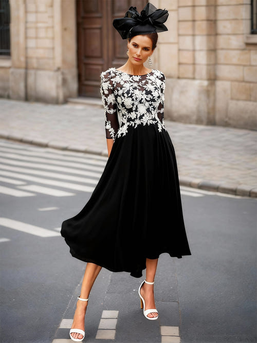 A-Line/Princess Elegant Mother of the Bride Dresses Scoop Neck Half Sleeves Tea-Length  with Lace and Whit Appliques