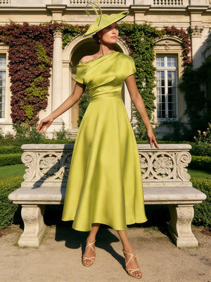 A-Line/Princess Mother of the Bride Dresses One-shoulder Short Sleeves Tea-Length with Ruffles