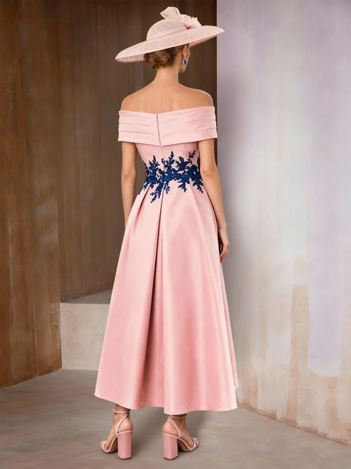 A-Line/Princess Mother of the Bride Dresses Satin Off-Shoulder Short Sleeves Ankle-Length with Ruffles&Appliques
