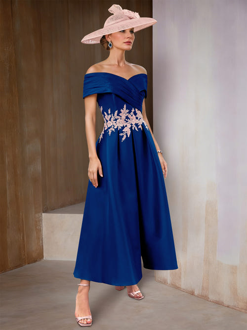 A-Line/Princess Mother of the Bride Dresses Satin Off-Shoulder Short Sleeves Ankle-Length with Ruffles&Appliques