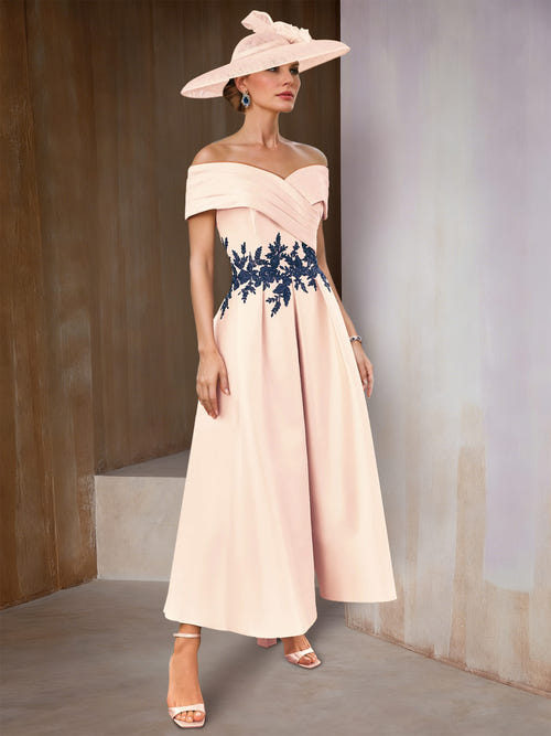 A-Line/Princess Mother of the Bride Dresses Satin Off-Shoulder Short Sleeves Ankle-Length with Ruffles&Appliques