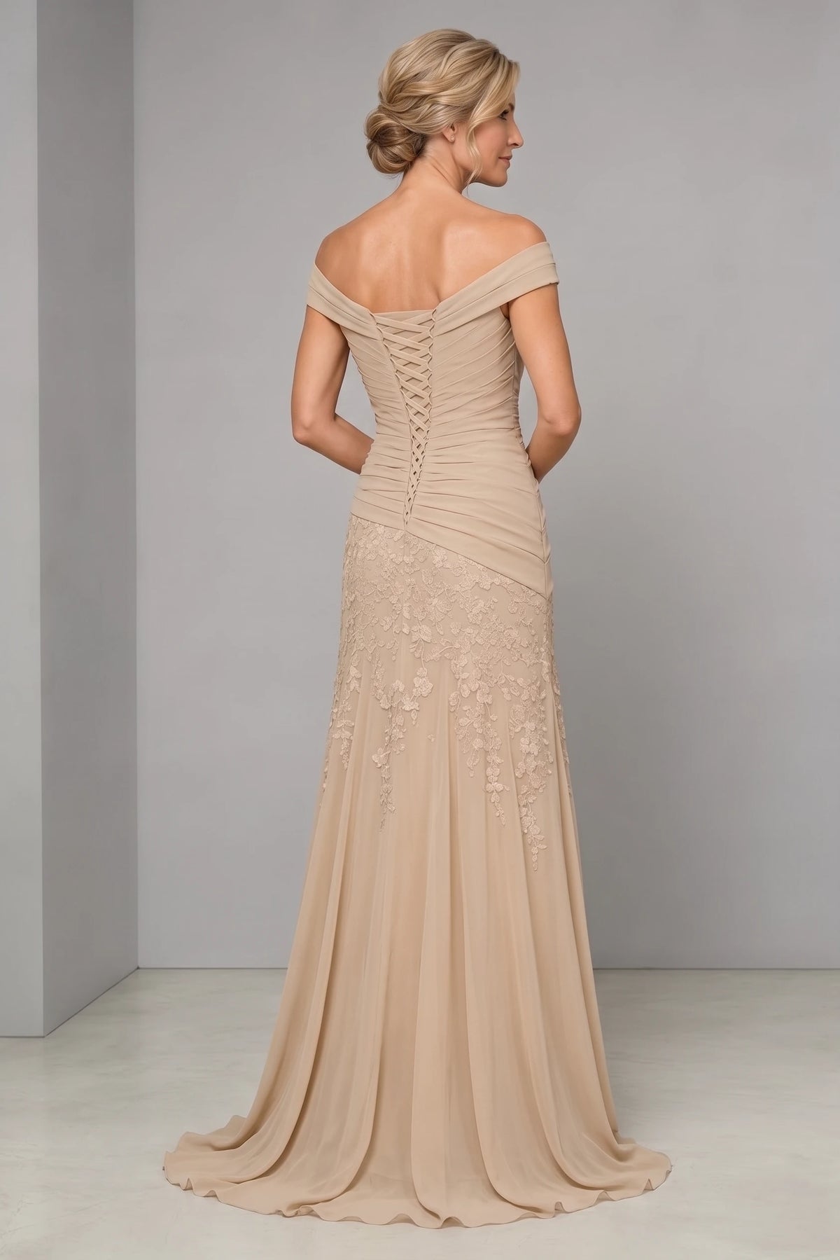 A-Line/Princess Mother of the Bride & Groom Dresses Off Shoulder Long Chiffon Formal Dresses Lace with Ruched Waist