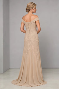 A-Line/Princess Mother of the Bride & Groom Dresses Off Shoulder Long Chiffon Formal Dresses Lace with Ruched Waist