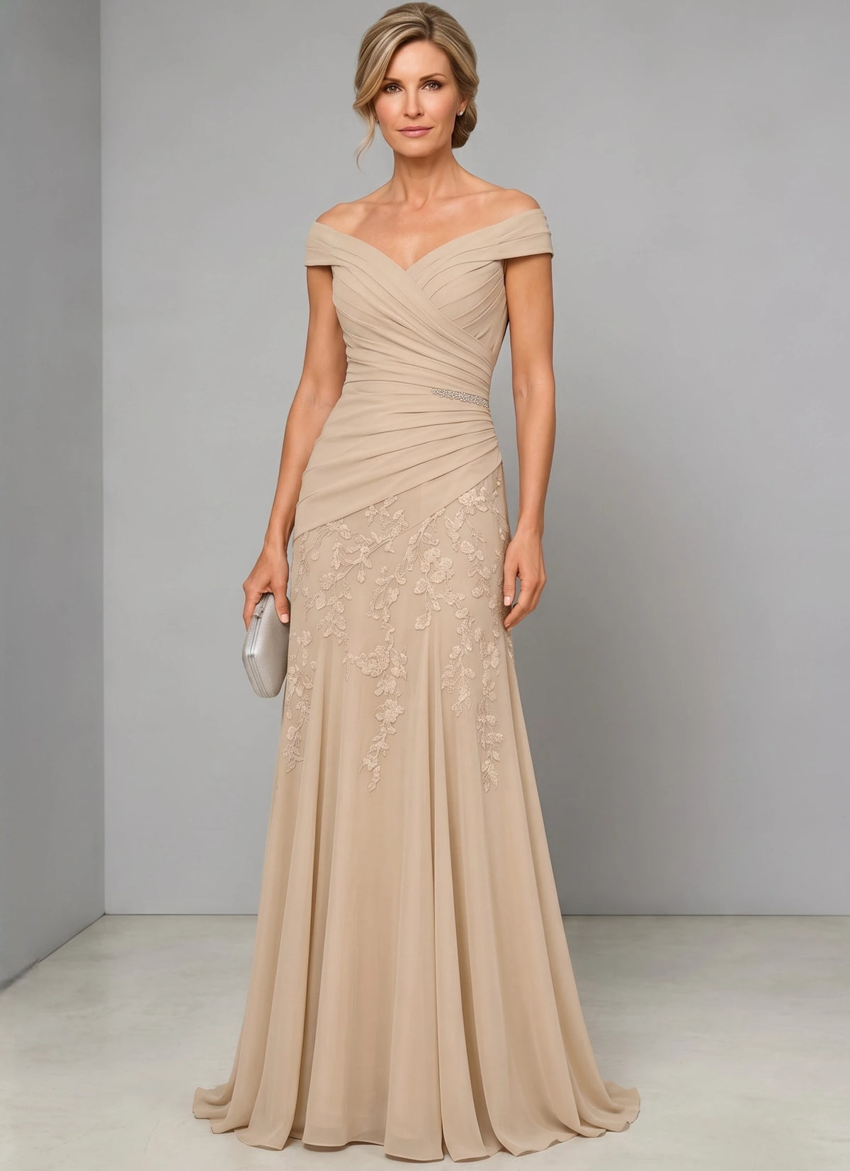 A-Line/Princess Mother of the Bride & Groom Dresses Off Shoulder Long Chiffon Formal Dresses Lace with Ruched Waist
