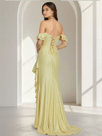 Sheath/Column Long Prom Dresses Corset Sweetheart Flying Sleeves Floor-length Satin Dresses With Side Split