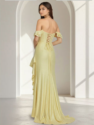 Sheath/Column Long Prom Dresses Corset Sweetheart Flying Sleeves Floor-length Satin Dresses With Side Split