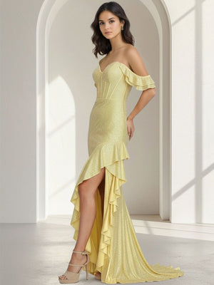 Sheath/Column Long Prom Dresses Corset Sweetheart Flying Sleeves Floor-length Satin Dresses With Side Split
