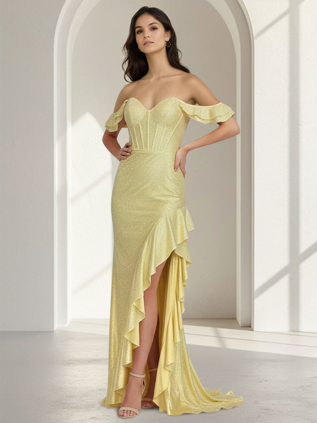 Sheath/Column Long Prom Dresses Corset Sweetheart Flying Sleeves Floor-length Satin Dresses With Side Split