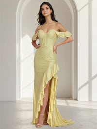 Sheath/Column Long Prom Dresses Corset Sweetheart Flying Sleeves Floor-length Satin Dresses With Side Split