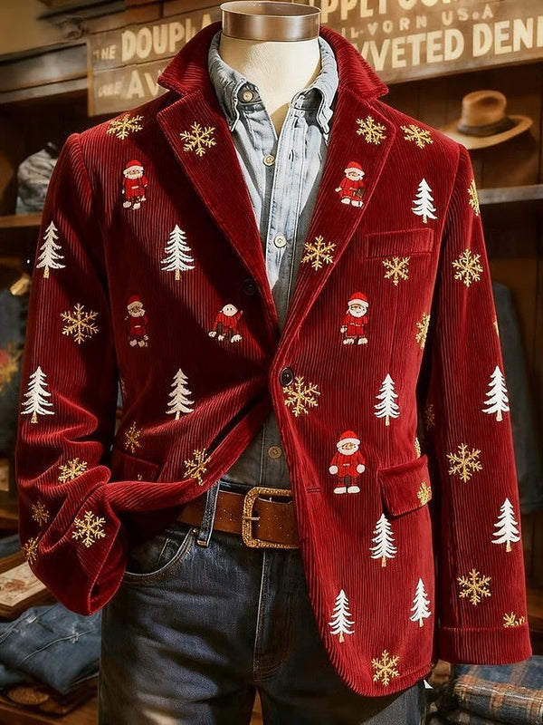 Men's Tailored Blazer Fit Single Breasted One-button Christmas Party Check Printed Jacket Corduroy Fall & Winter
