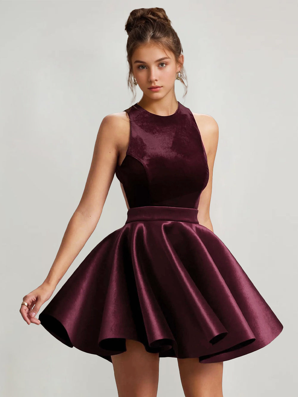A Line/Princess Christmas Party Dresses Velvet Cocktail Short/Mini Spaghetti Straps Sleeveless Homecoming Pleated