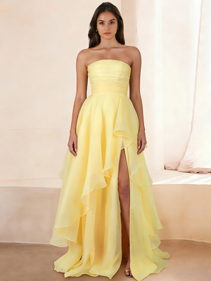 A-Line/Princess Long Prom Dress/Formal Dresses Strapless Sleeveless Floor-length Corset Organza Layered Skirt With Side Split