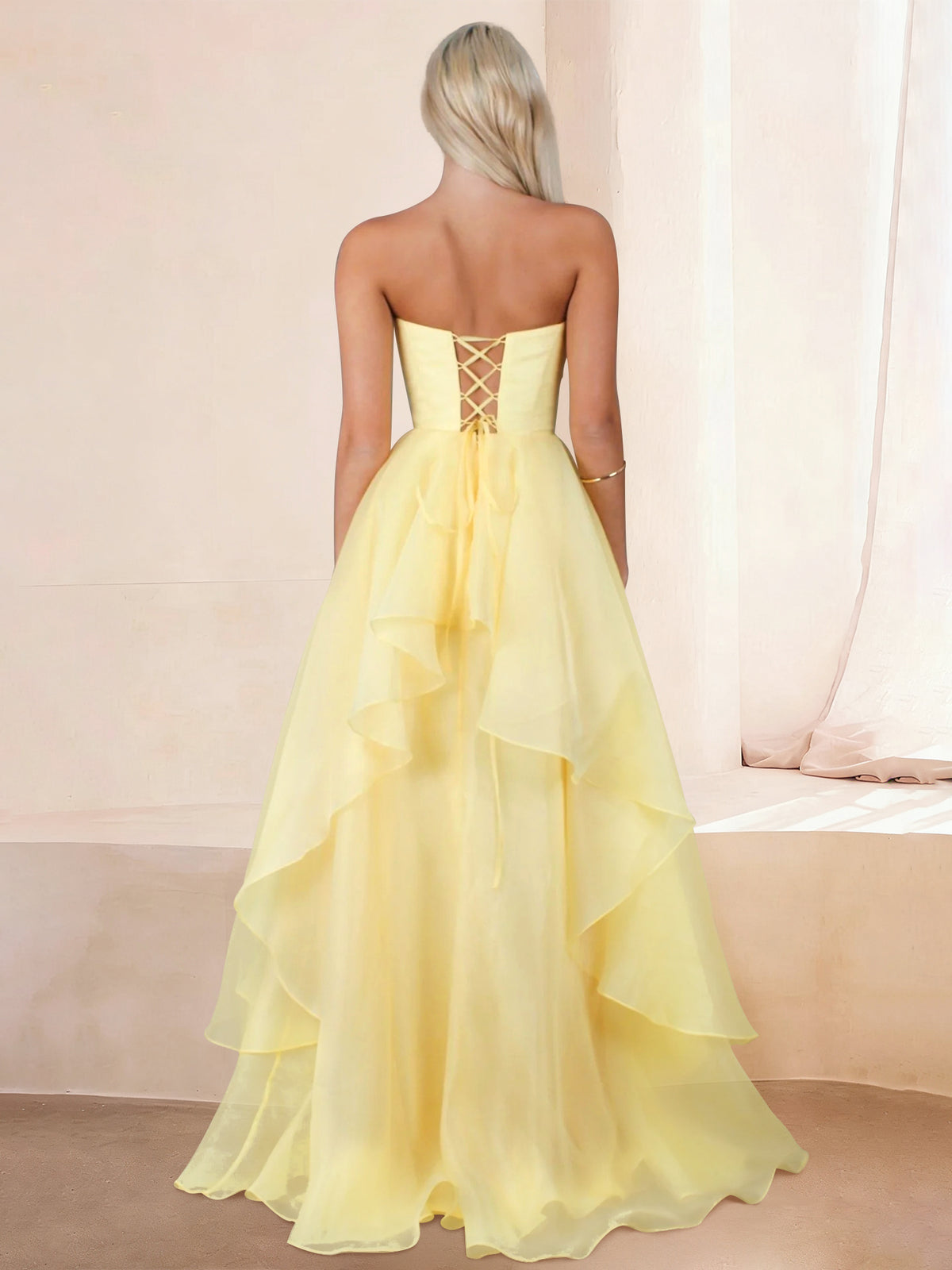 A-Line/Princess Long Prom Dress/Formal Dresses Strapless Sleeveless Floor-length Corset Organza Layered Skirt With Side Split