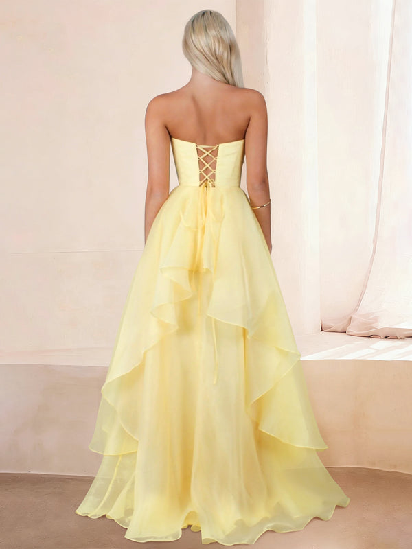 A-Line/Princess Long Prom Dress/Formal Dresses Strapless Sleeveless Floor-length Corset Organza Layered Skirt With Side Split