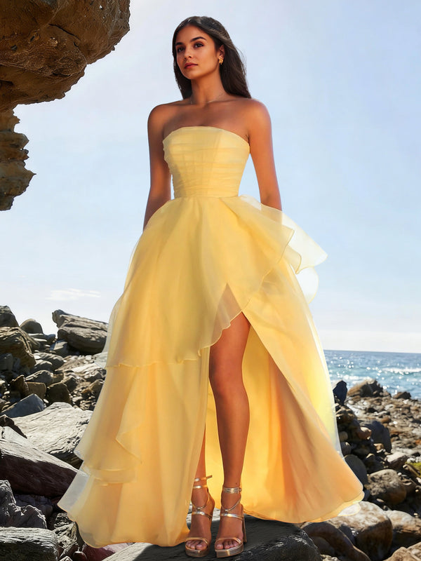 A-Line/Princess Long Prom Dress/Formal Dresses Strapless Sleeveless Floor-length Corset Organza Layered Skirt With Side Split