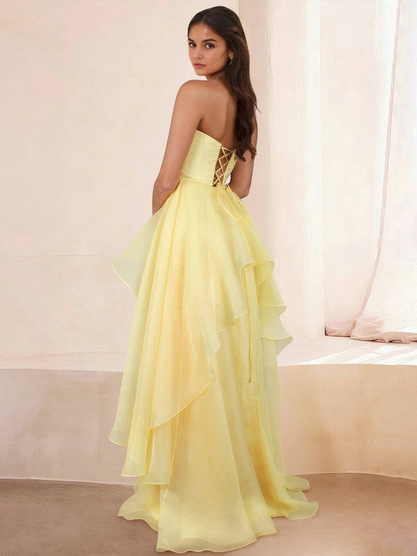 A-Line/Princess Long Prom Dress/Formal Dresses Strapless Sleeveless Floor-length Corset Organza Layered Skirt With Side Split