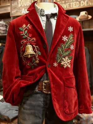 Men's Tailored Blazer Fit Single Breasted One-button Christmas Party Pattern Printed Corduroy Jacket Fall & Winter