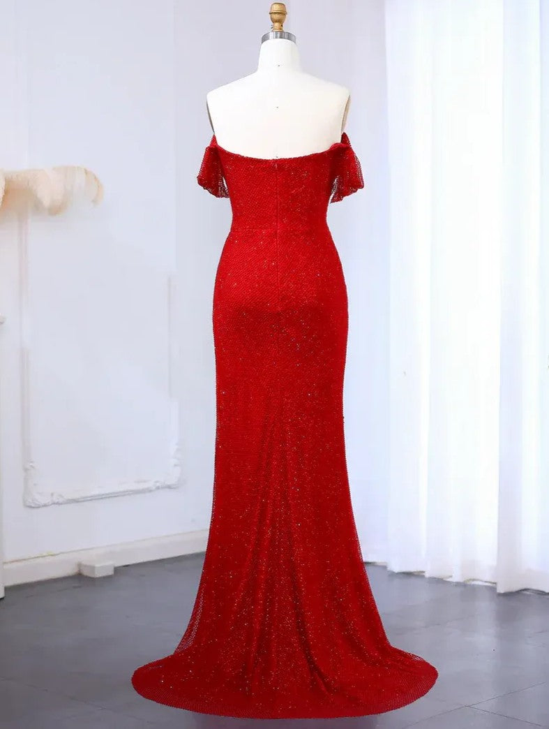 Sheath/Column Rhinestone Stretch Evening Dress Off-the-Shoulder Sleeveless Floor-Length Christmas Dress With High Side Split&Pleats