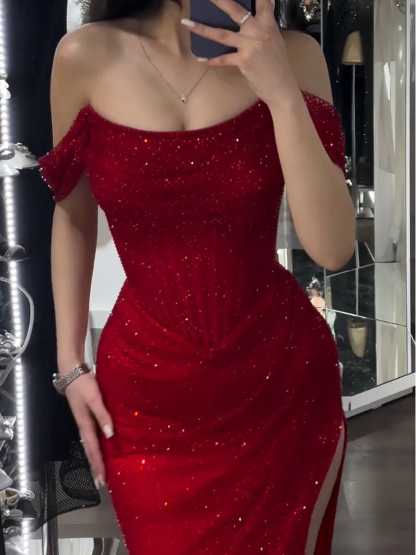 Sheath/Column Rhinestone Stretch Evening Dress Off-the-Shoulder Sleeveless Floor-Length Christmas Dress With High Side Split&Pleats