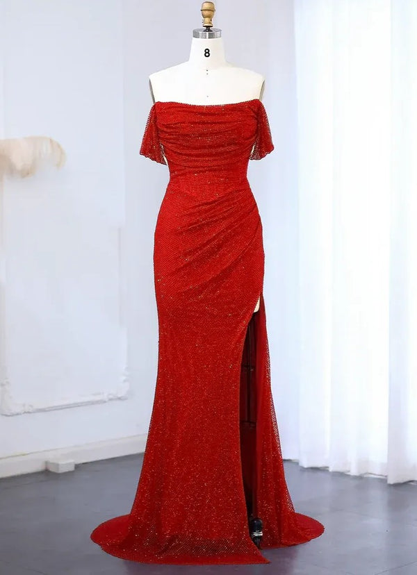 Sheath/Column Rhinestone Stretch Evening Dress Off-the-Shoulder Sleeveless Floor-Length Christmas Dress With High Side Split&Pleats