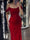 Sheath/Column Rhinestone Stretch Evening Dress Off-the-Shoulder Sleeveless Floor-Length Christmas Dress With High Side Split&Pleats