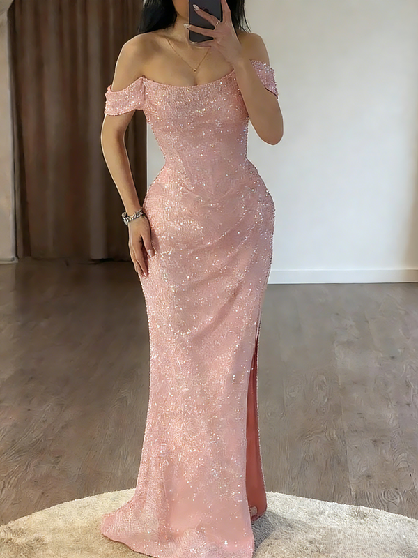 Sheath/Column Rhinestone Stretch Evening Dress Off-the-Shoulder Sleeveless Floor-Length Christmas Dress With High Side Split&Pleats