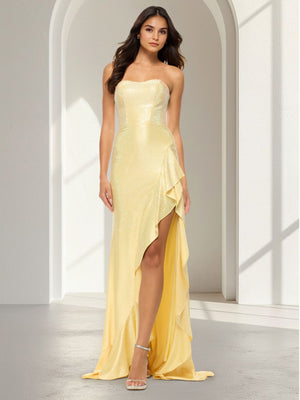 Sheath/Column Long Prom Dress Strapless Sleeveless Floor-Length Glitter Satin Wedding Guest Dresses With Side Split&Ruffles