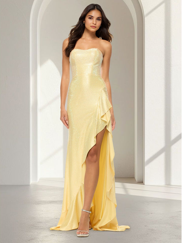 Sheath/Column Long Prom Dress Strapless Sleeveless Floor-Length Glitter Satin Wedding Guest Dresses With Side Split&Ruffles
