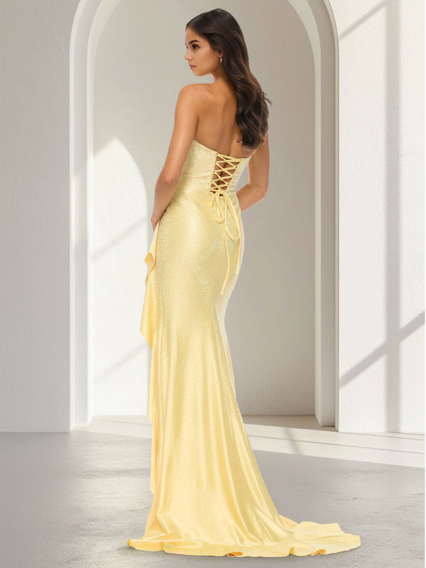 Sheath/Column Long Prom Dress Strapless Sleeveless Floor-Length Glitter Satin Wedding Guest Dresses With Side Split&Ruffles