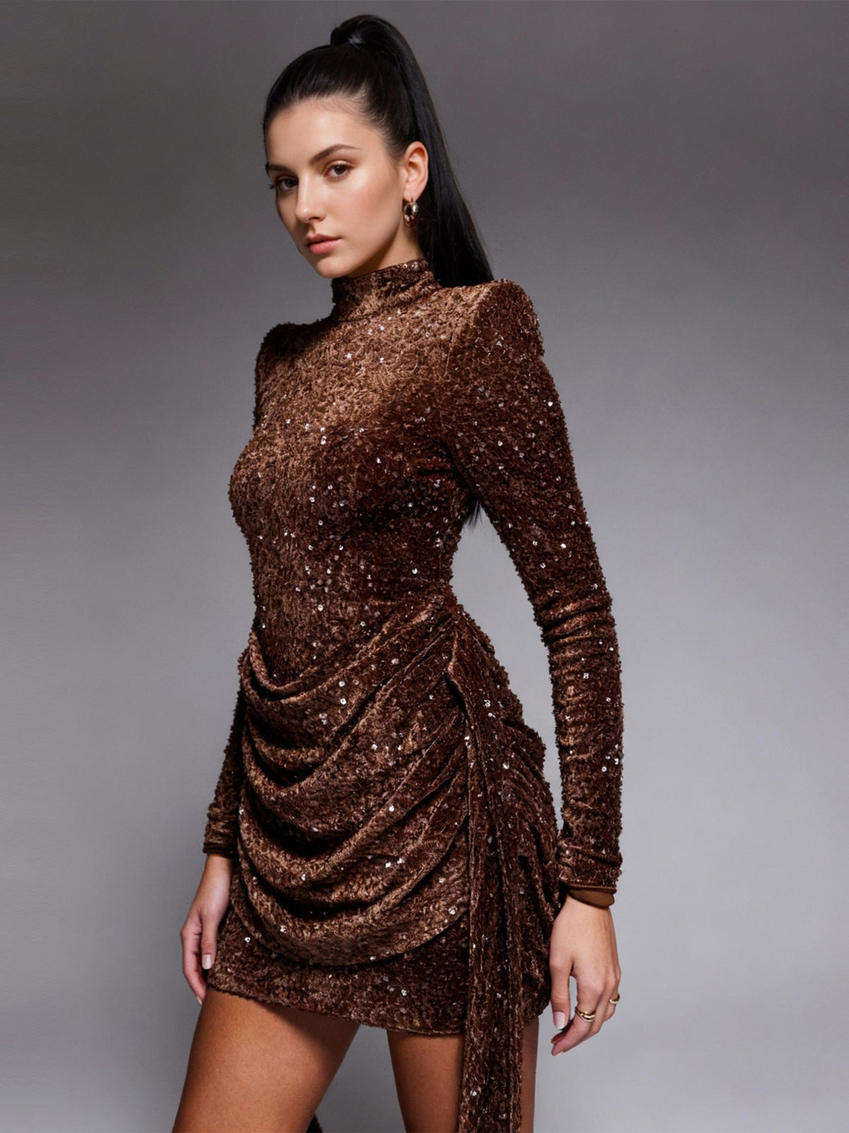Nafori Brown Mermaid Homecoming Christmas Party Dresses Sequins Mini High Neck Long Sleeves Ruched 2026