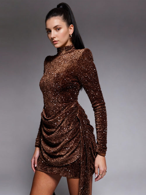 Mermaid Christmas Party Dresses Sequins Cocktail Short/Mini High Neck Long Sleeves Homecoming Ruched