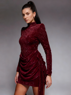Mermaid Christmas Party Dresses Sequins Cocktail Short/Mini High Neck Long Sleeves Homecoming Ruched
