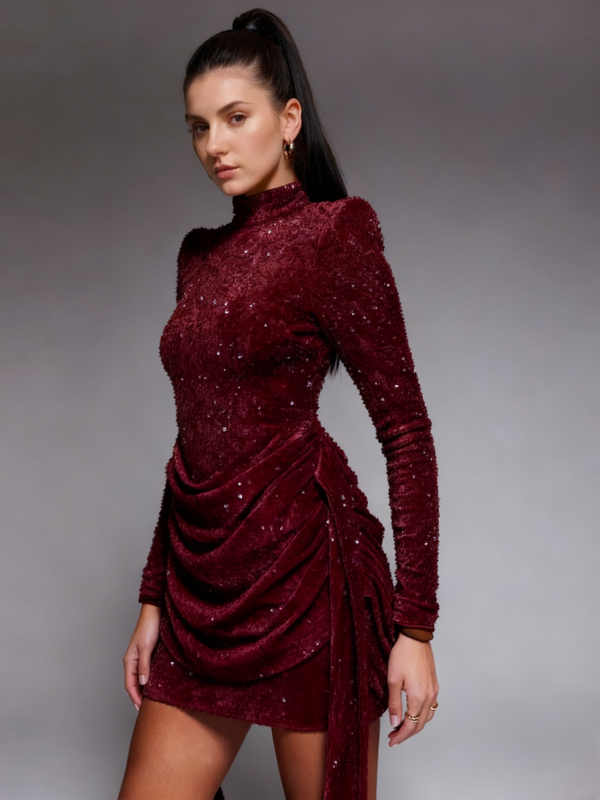 Mermaid Christmas Party Dresses Sequins Cocktail Short/Mini High Neck Long Sleeves Homecoming Ruched