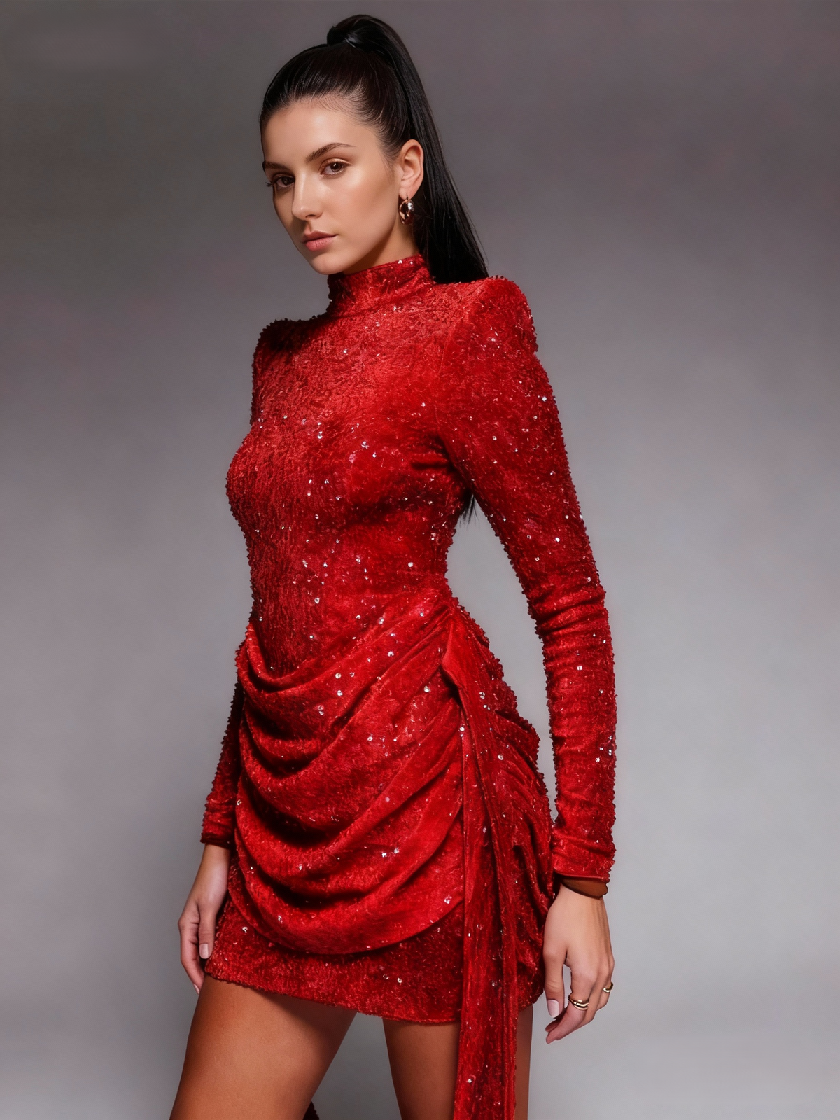 Nafori Red Mermaid Homecoming Christmas Party Dresses Sequins Mini High Neck Long Sleeves Ruched 2026
