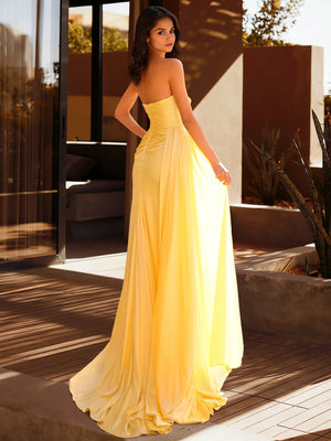 Sheath/Column Long Prom Dresses Strapless Sleeveless Floor-length Satin Evening Dresses With Side Split