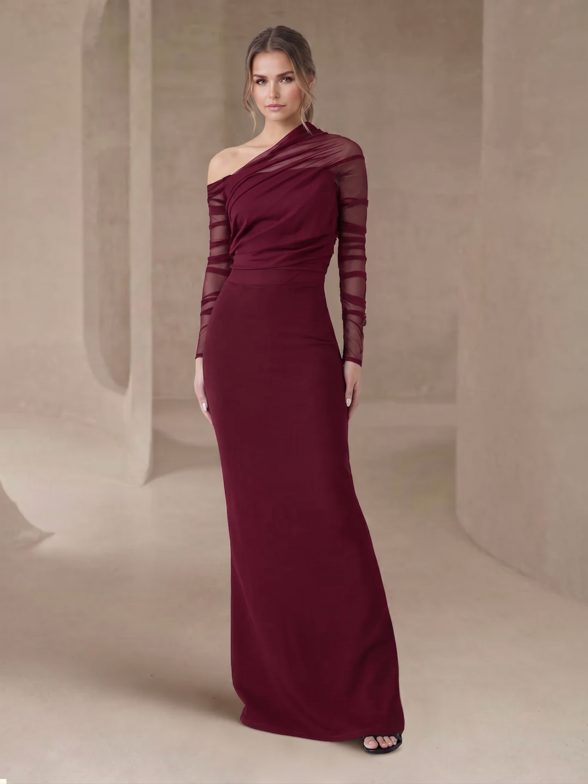 Sheath/Column Evening Dress One-Shoulder Floor-length Wedding Guest Dress Stretch Crepe Dresses