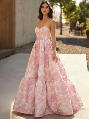 A-Line/Princess Long Prom Dresses Corset Sweetheart Sleeveless Floor-Length Stain Dresses With Floral Jacquard